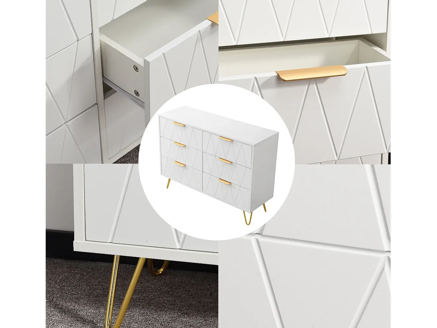 Aparador bajo con 6 cajones - Cómoda - Madera MDF y metal dorado - 100 x 34 x 73cm - Blanco