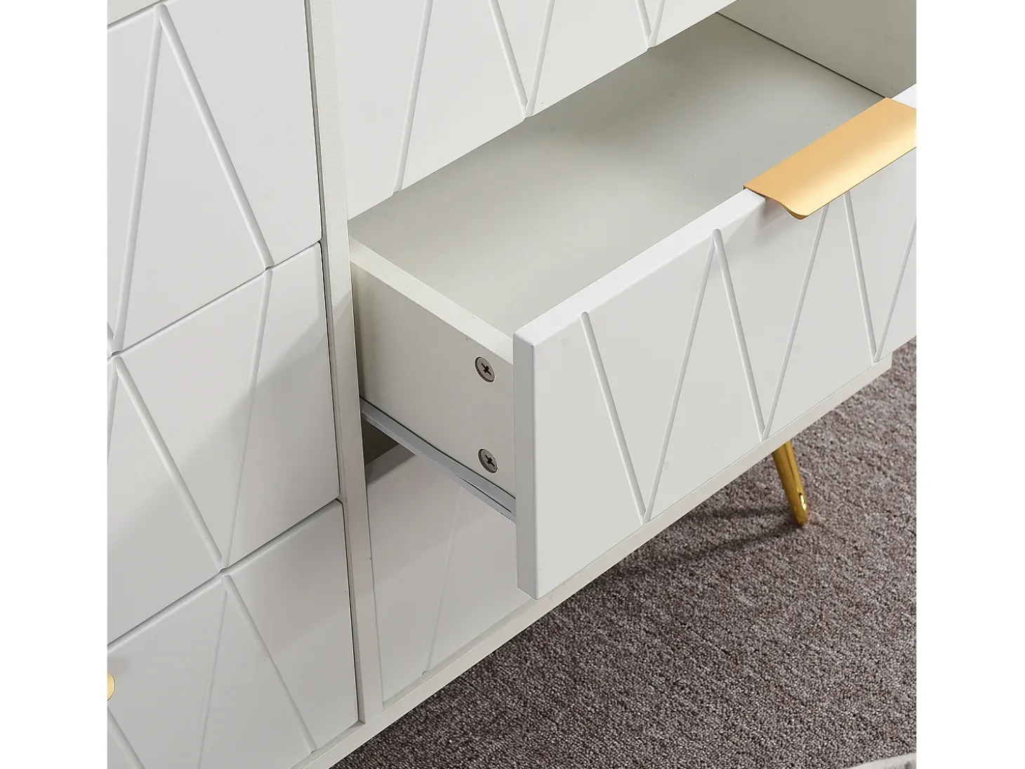 Aparador bajo con 6 cajones - Cómoda - Madera MDF y metal dorado - 100 x 34 x 73cm - Blanco