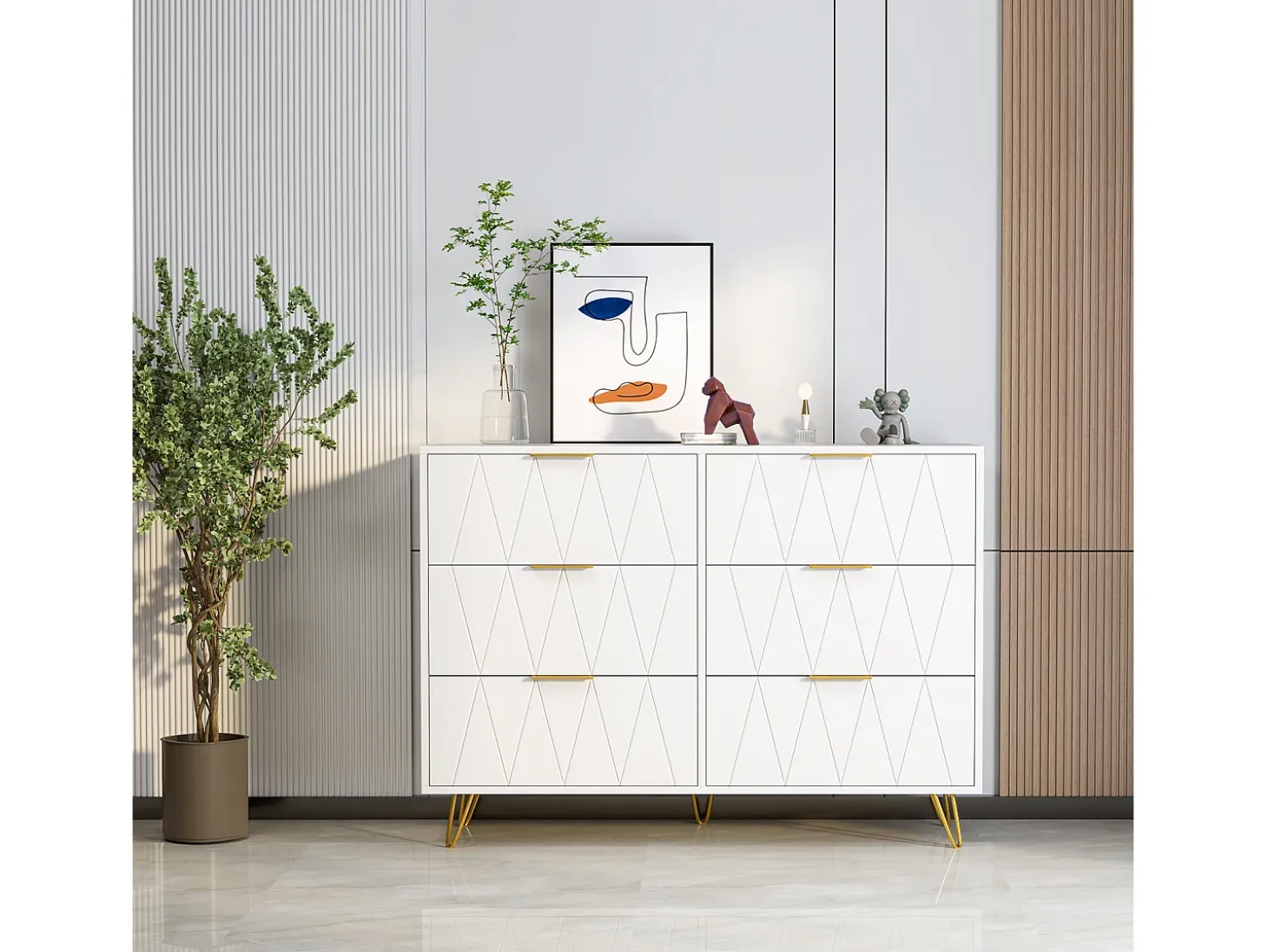 Aparador bajo con 6 cajones - Cómoda - Madera MDF y metal dorado - 100 x 34 x 73cm - Blanco