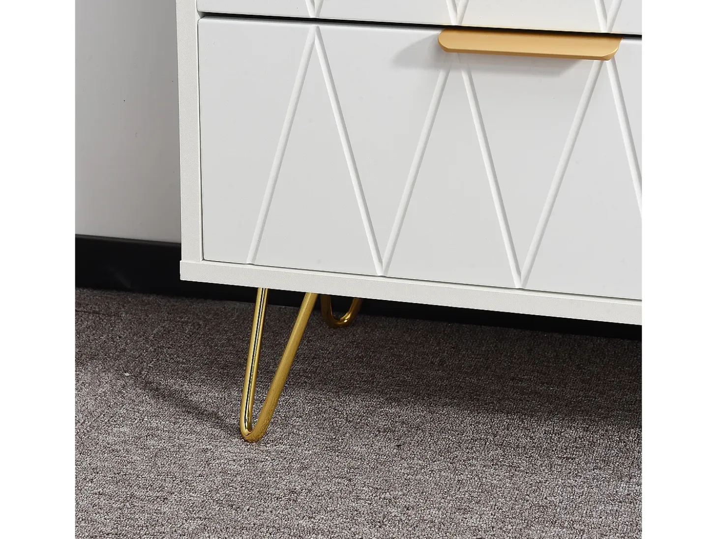 Aparador bajo con 6 cajones - Cómoda - Madera MDF y metal dorado - 100 x 34 x 73cm - Blanco