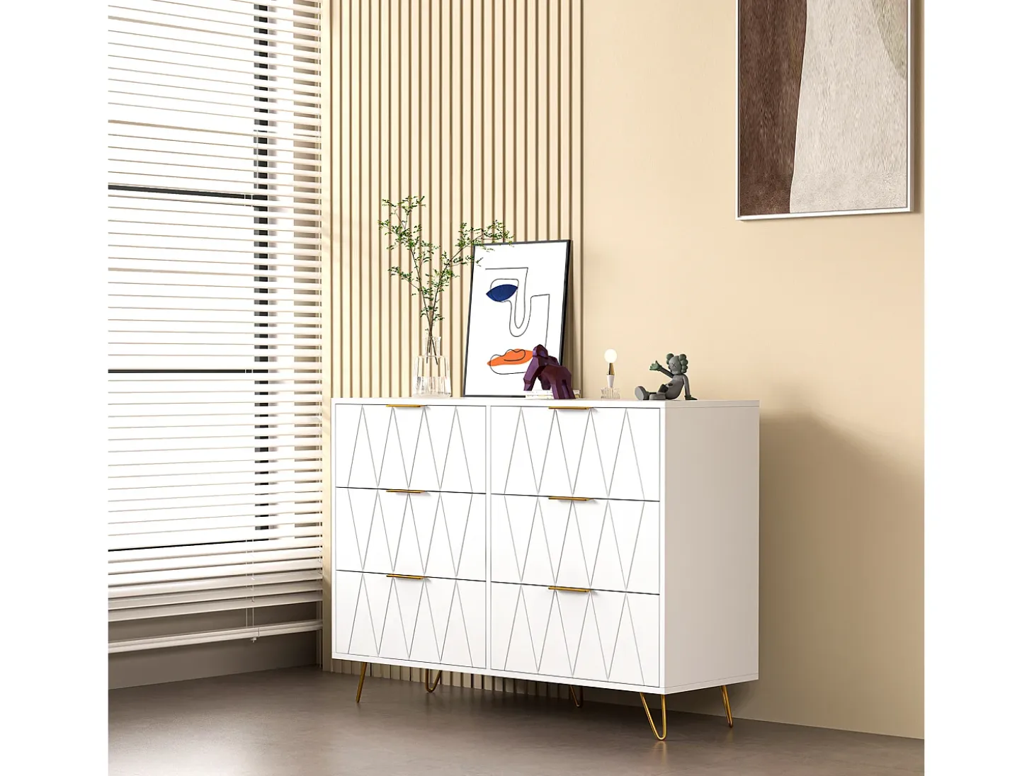 Aparador bajo con 6 cajones - Cómoda - Madera MDF y metal dorado - 100 x 34 x 73cm - Blanco