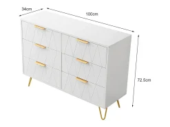 Aparador bajo con 6 cajones - Cómoda - Madera MDF y metal dorado - 100 x 34 x 73cm - Blanco