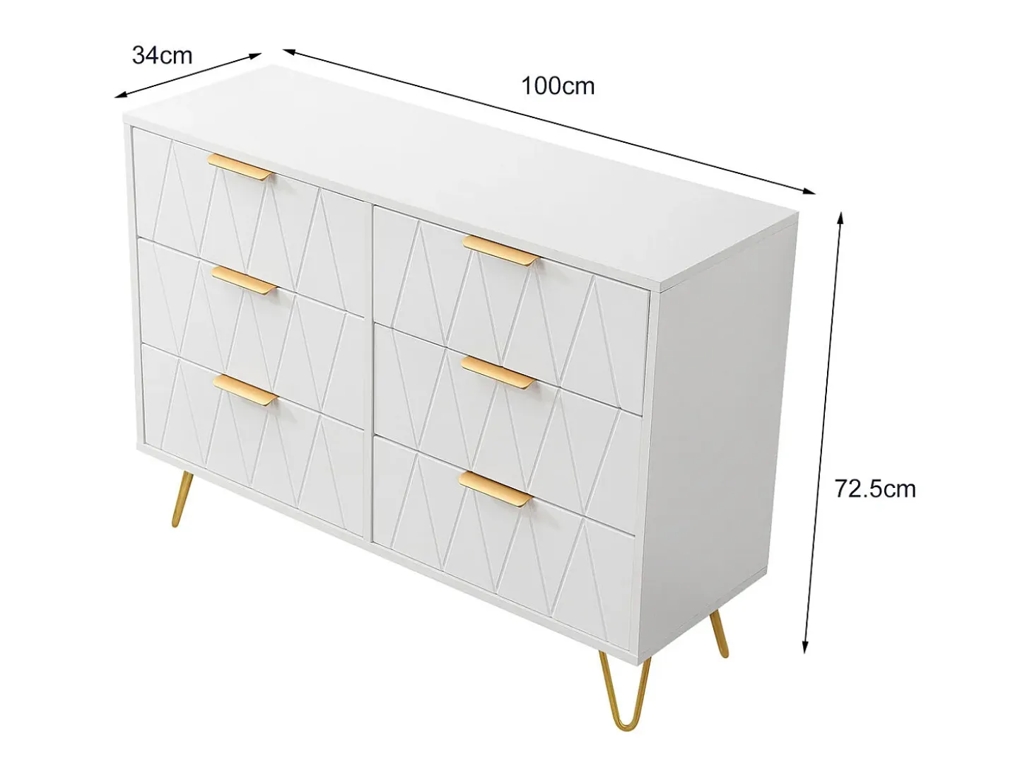 Aparador bajo con 6 cajones - Cómoda - Madera MDF y metal dorado - 100 x 34 x 73cm - Blanco