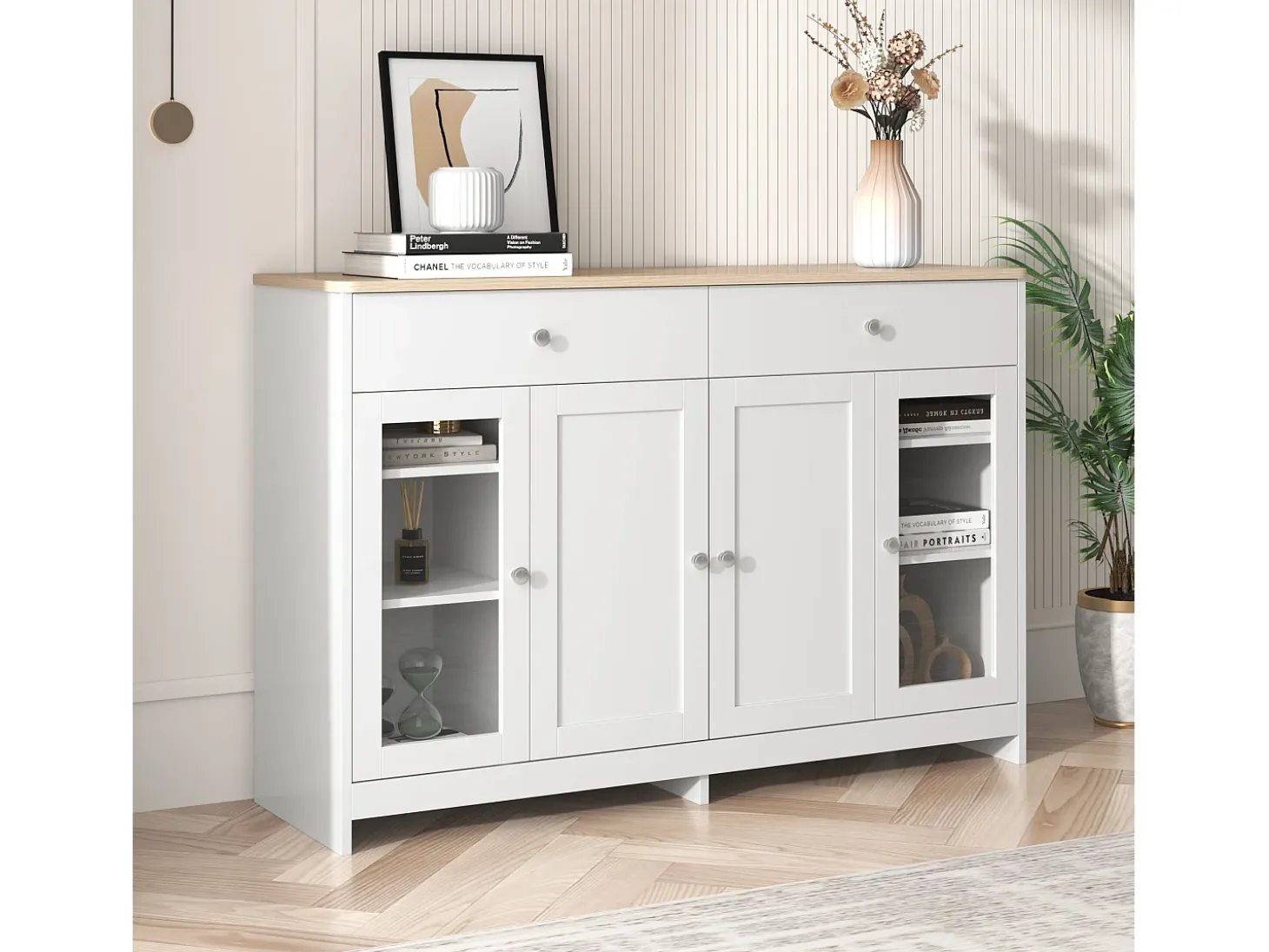 Aparador bajo con 4 puertas y 3 cajones - madera MDF y cristal - para cocina o salón - color blanco y roble