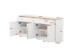 Aparador bajo con 4 puertas y 3 cajones - madera MDF - decoración roble y blanco - para salón o cocina - 160 x 37 x 75 cm