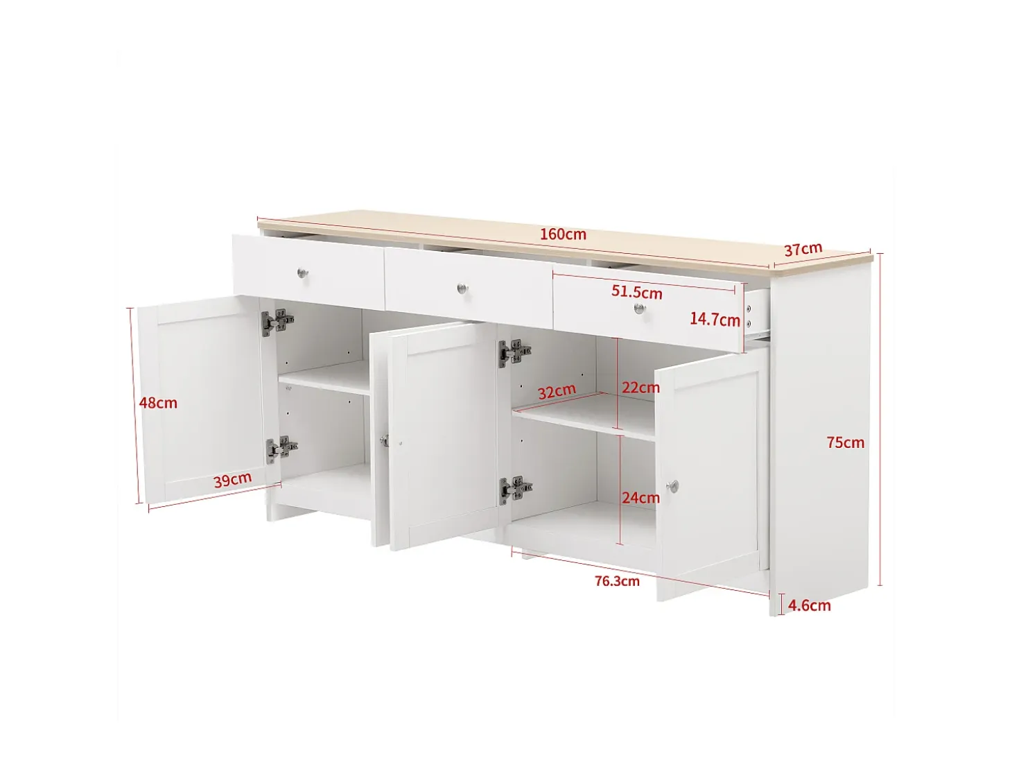 Aparador bajo con 4 puertas y 3 cajones - madera MDF - decoración roble y blanco - para salón o cocina - 160 x 37 x 75 cm