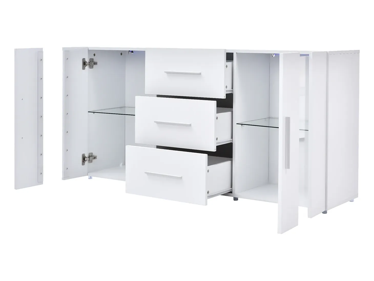 Aparador bajo con LED - 2 puertas y 3 cajones - estantes regulables - Blanco