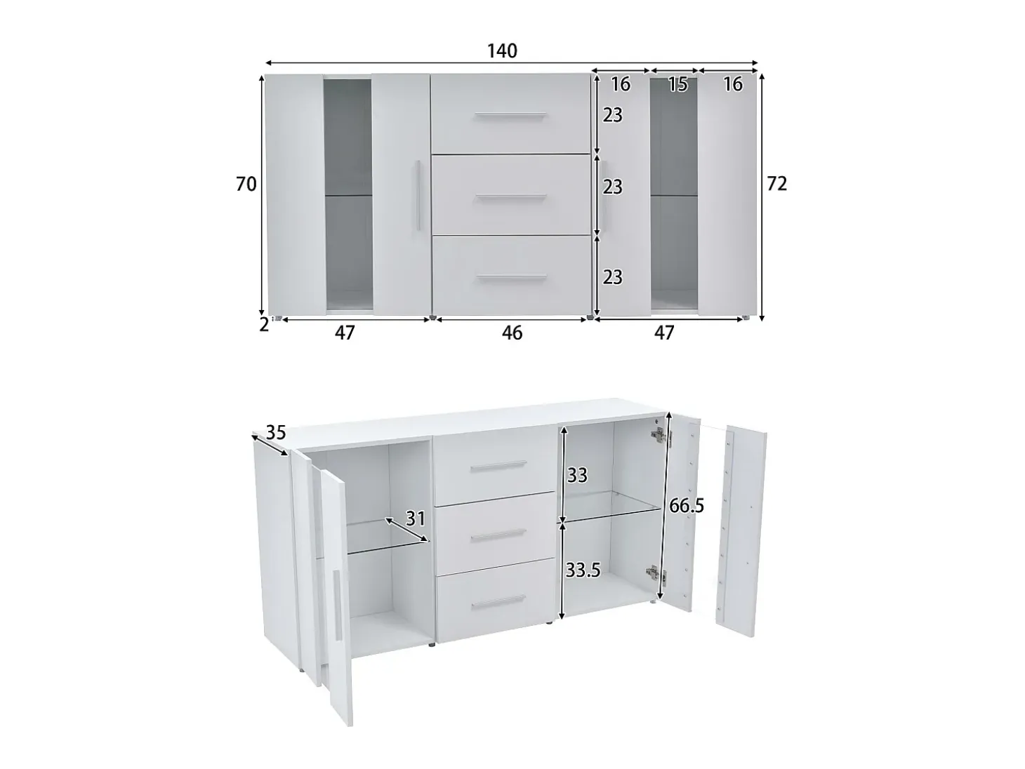 Aparador bajo con LED - 2 puertas y 3 cajones - estantes regulables - Blanco