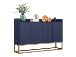 Aparador bajo de 4 puertas - Patas de madera MDF y metal - Estilo moderno - Color Azul - 120 x 30 x 80 cm