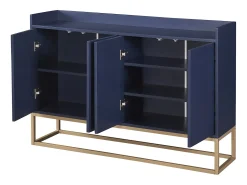 Aparador bajo de 4 puertas - Patas de madera MDF y metal - Estilo moderno - Color Azul - 120 x 30 x 80 cm