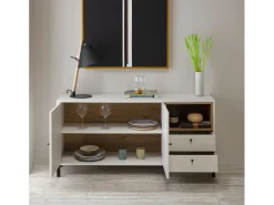 Aparador BAJO Javea 2 cajones, 2 Puertas y 1 Hueco, Color Blanco y Madera, 136,5 cm Longitud