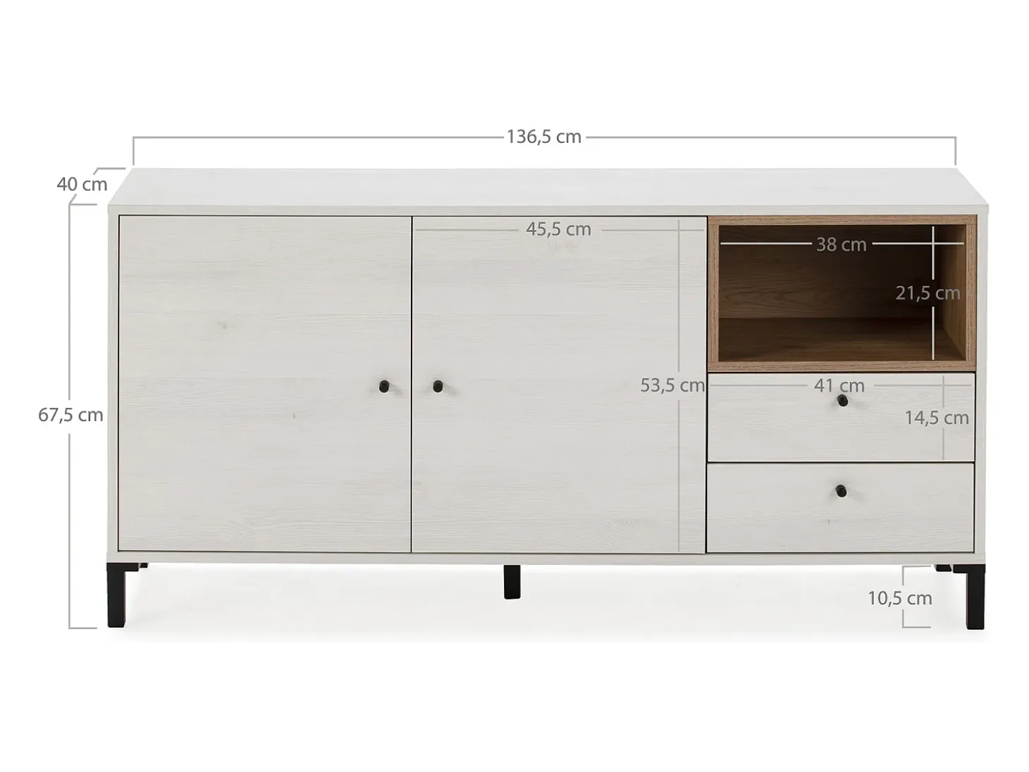 Aparador BAJO Javea 2 cajones, 2 Puertas y 1 Hueco, Color Blanco y Madera, 136,5 cm Longitud