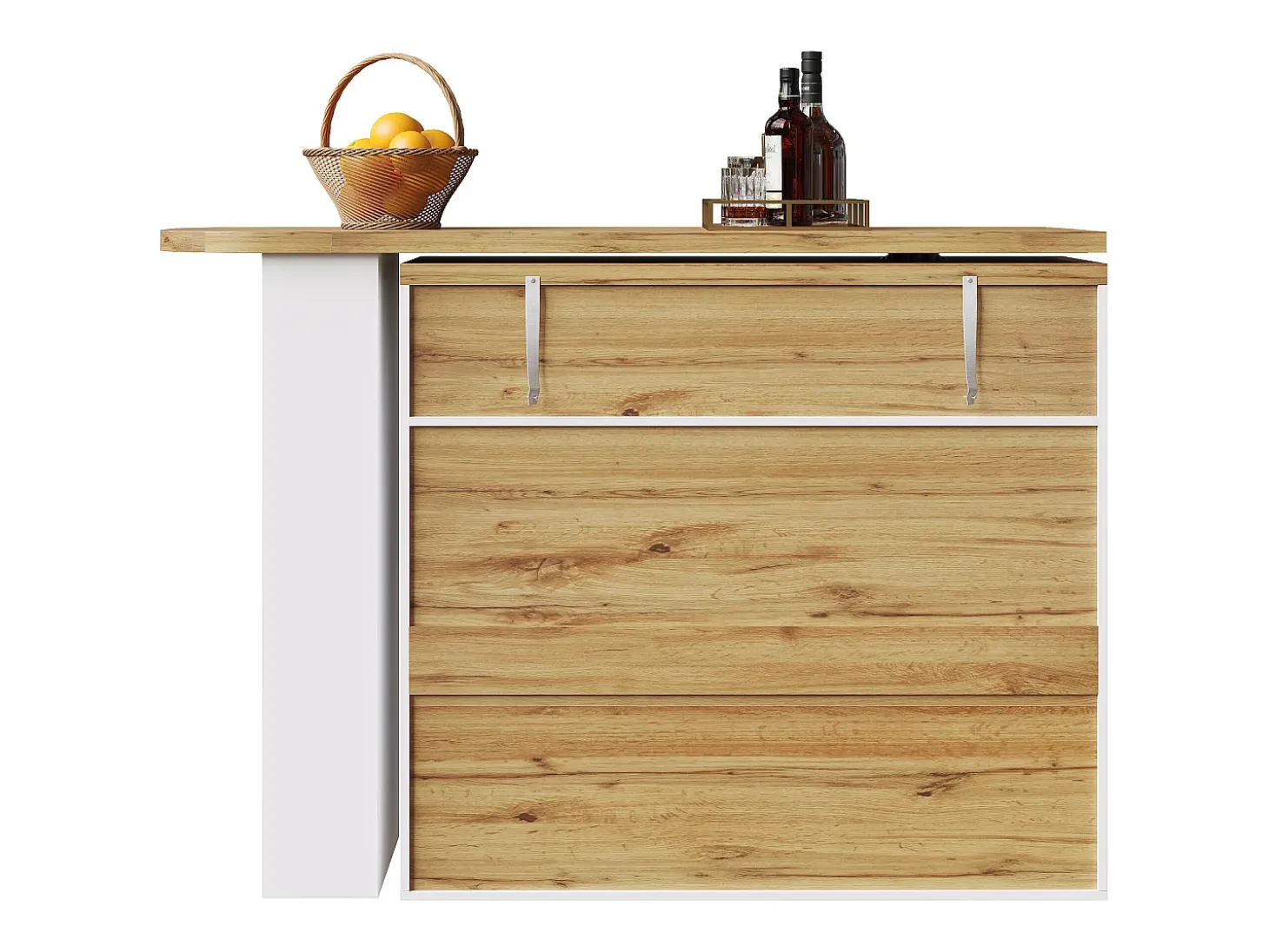 Aparador bar - mueble de almacenaje extensible con cajones y rotación de 360°, blanco, 138-204x39x104 cm