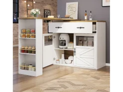 Aparador bar - mueble de almacenaje extensible con cajones y rotación de 360°, blanco, 138-204x39x104 cm
