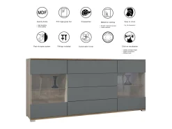Aparador Bari V2 – Mueble con 2 Puertas Grandes y 4 Cajones, Roble Evoke/gris de alto brillo (166,5 x 75,5 x 35)