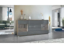 Aparador Bari V2 – Mueble con 2 Puertas Grandes y 4 Cajones, Roble Evoke/gris de alto brillo (166,5 x 75,5 x 35)