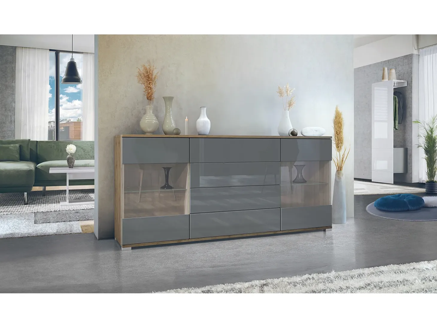 Aparador Bari V2 – Mueble con 2 Puertas Grandes y 4 Cajones, Roble Evoke/gris de alto brillo (166,5 x 75,5 x 35)