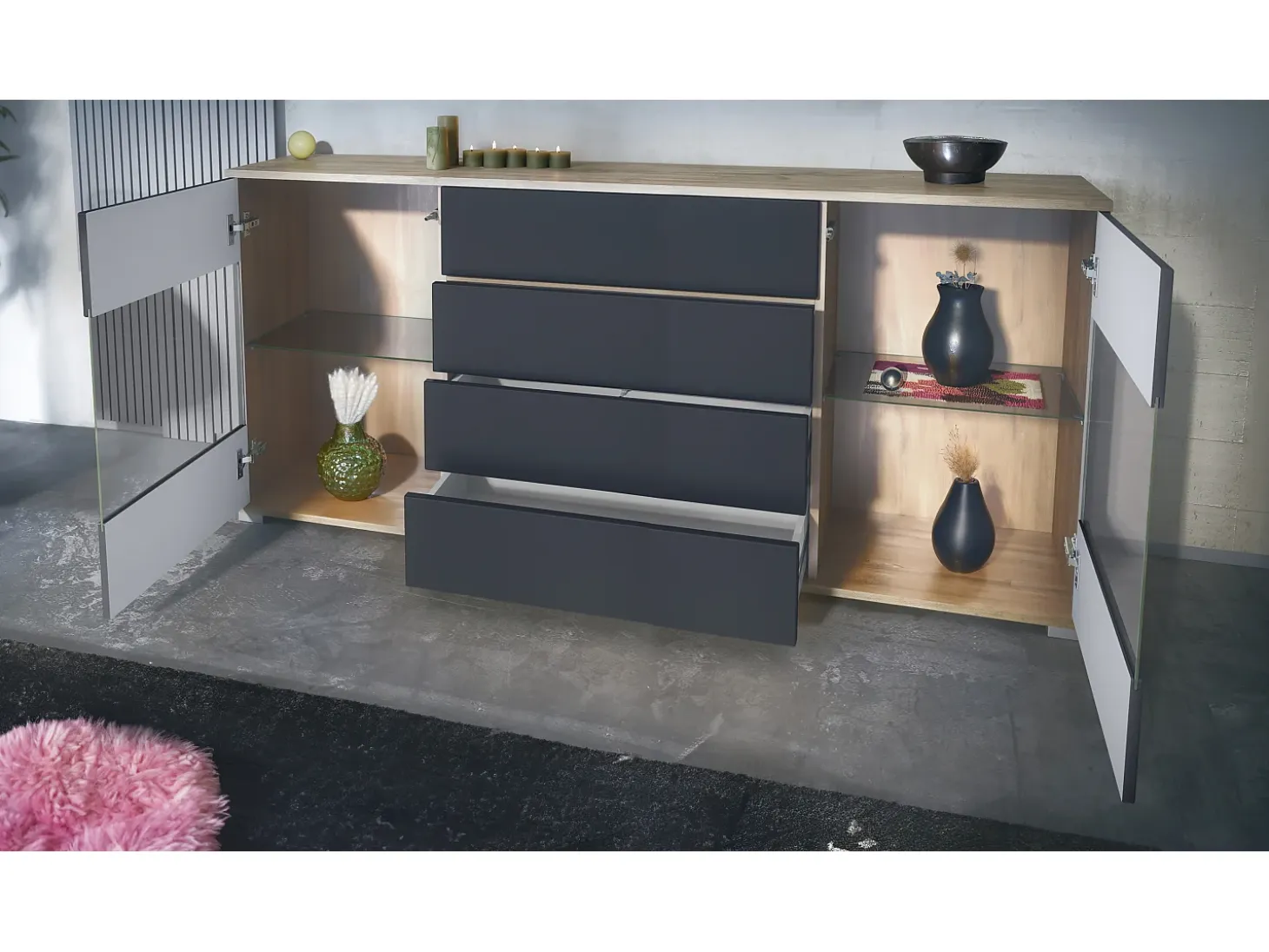 Aparador Bari V2 – Mueble con 2 Puertas Grandes y 4 Cajones, Roble Evoke/gris de alto brillo (166,5 x 75,5 x 35)