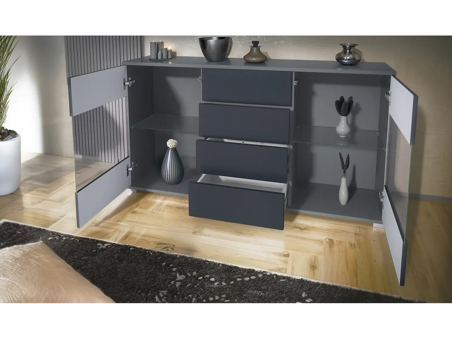 Aparador Bari V1 – Mueble con 2 Puertas Grandes y 4 Cajones, antracita mate/negro de alto brillo (138,5 x 75,5 x 35)