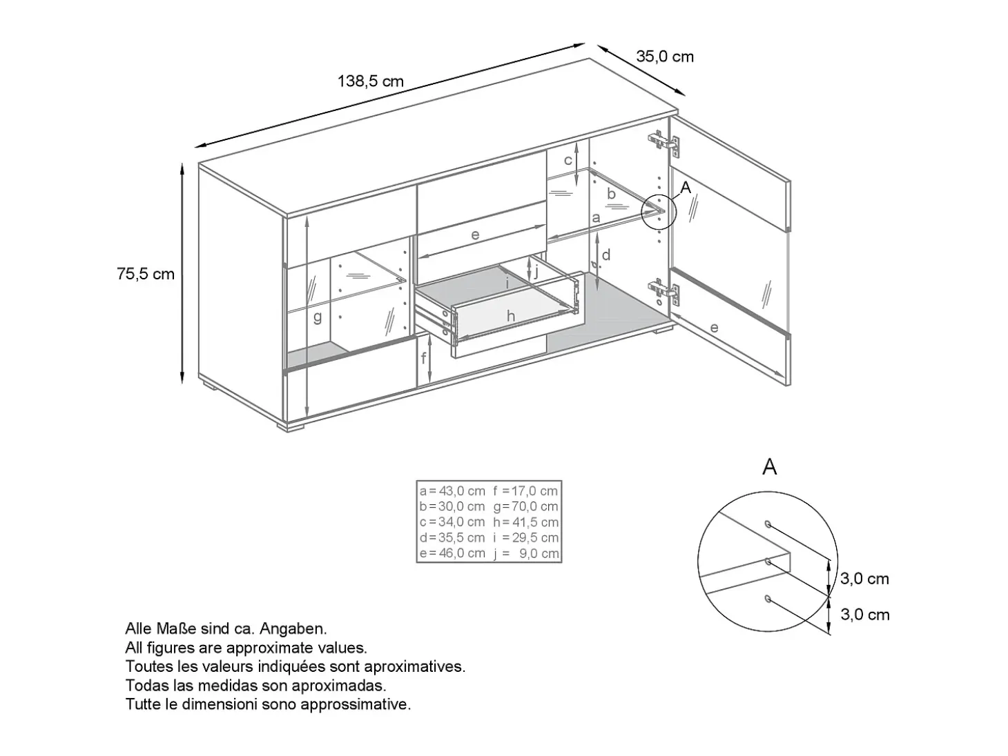 Aparador Bari V1 – Mueble con 2 Puertas Grandes y 4 Cajones, antracita mate/negro de alto brillo (138,5 x 75,5 x 35)