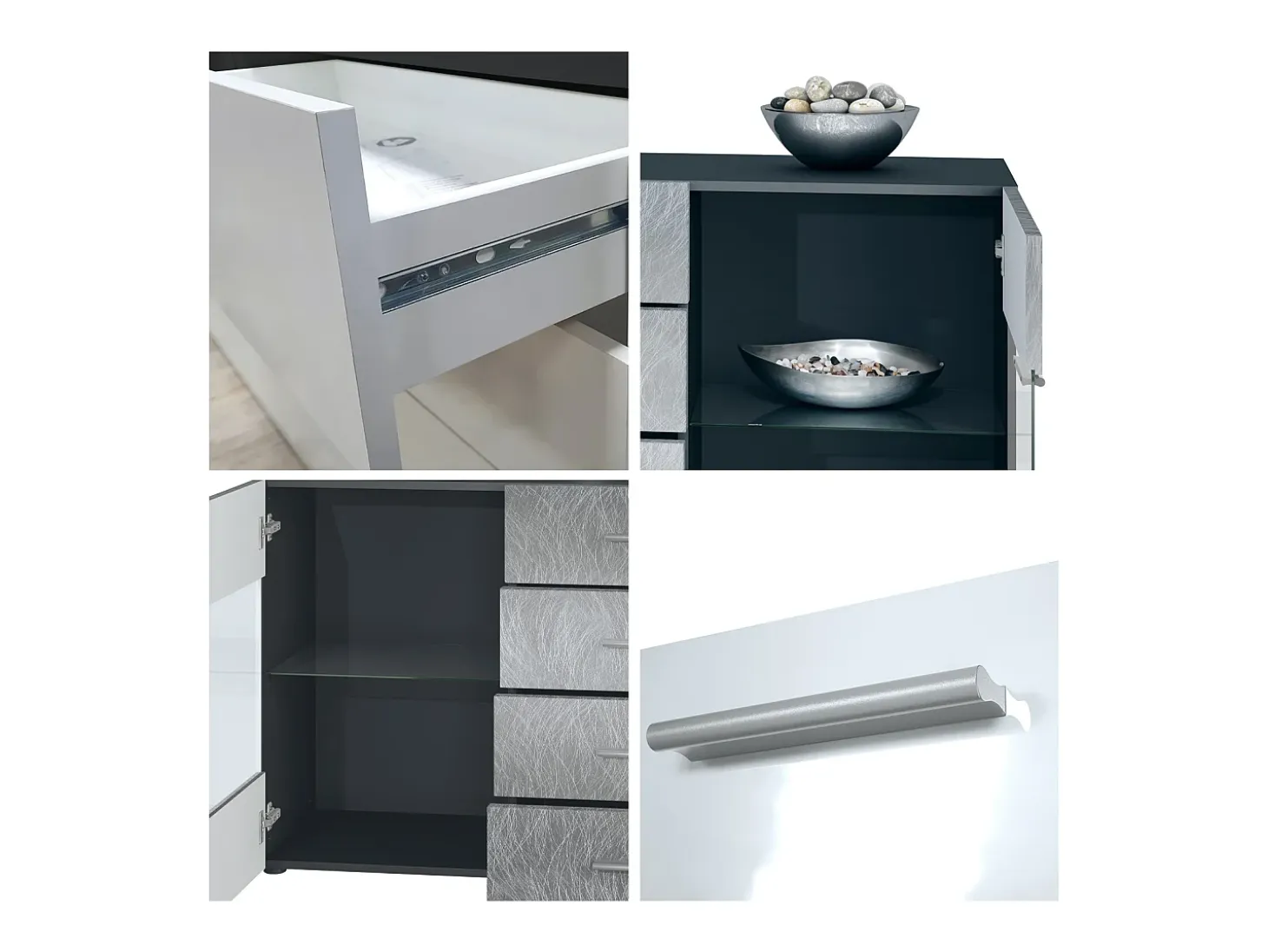 Aparador Bari V1 – Mueble con 2 Puertas Grandes y 4 Cajones, antracita mate/negro de alto brillo (138,5 x 75,5 x 35)