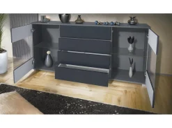 Aparador Bari V2 – Mueble con 2 Puertas Grandes y 4 Cajones, antracita mate/gris de alto brillo (166,5 x 75,5 x 35)