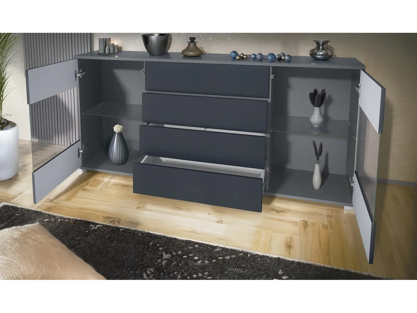 Aparador Bari V2 – Mueble con 2 Puertas Grandes y 4 Cajones, antracita mate/gris de alto brillo (166,5 x 75,5 x 35)
