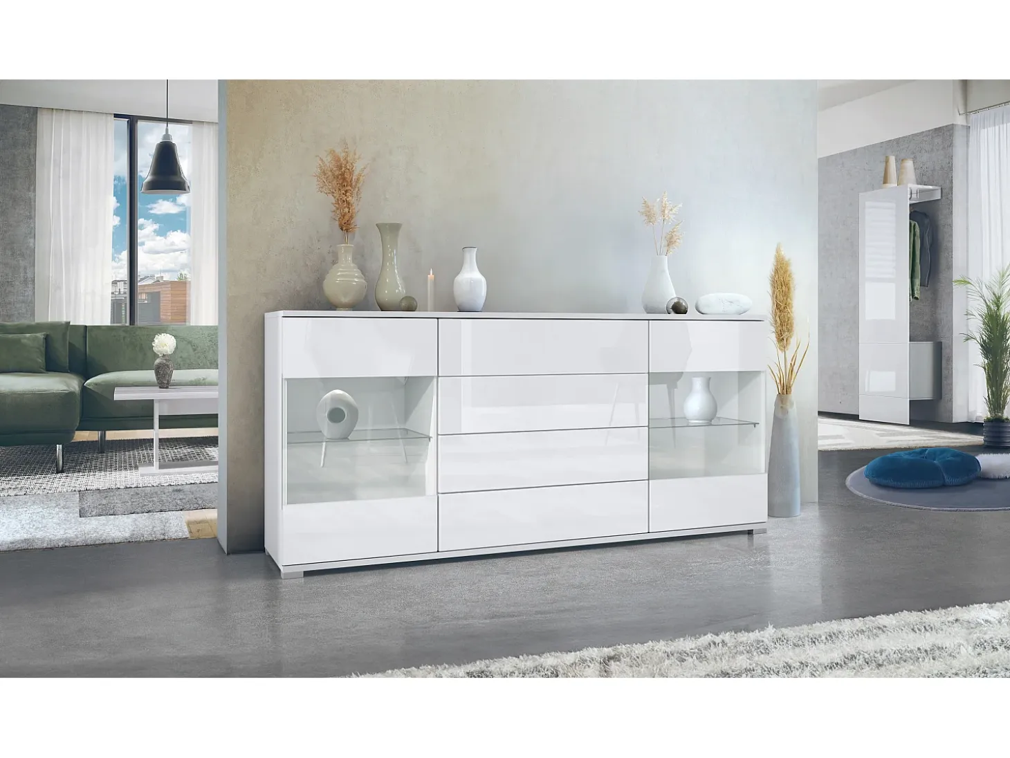 Aparador Bari V2 – Mueble con 2 Puertas Grandes y 4 Cajones, blanco mate/blanco de alto brillo (166,5 x 75,5 x 35)