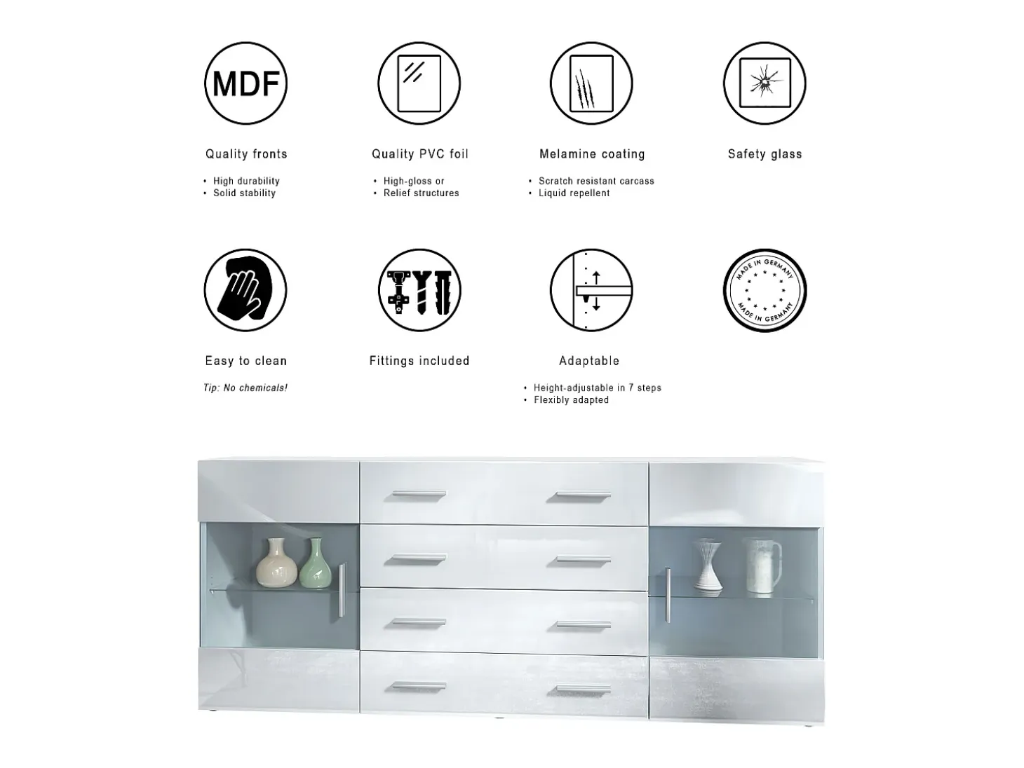 Aparador Bari V2 – Mueble con 2 Puertas Grandes y 4 Cajones, blanco mate/blanco de alto brillo (166,5 x 75,5 x 35)