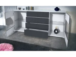 Aparador Bari V2 – Mueble con 2 Puertas Grandes y 4 Cajones, blanco mate/blanco de alto brillo (166,5 x 75,5 x 35)