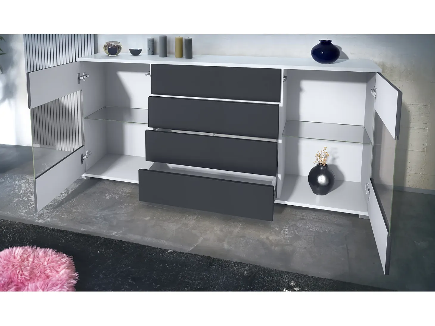 Aparador Bari V2 – Mueble con 2 Puertas Grandes y 4 Cajones, blanco mate/blanco de alto brillo (166,5 x 75,5 x 35)