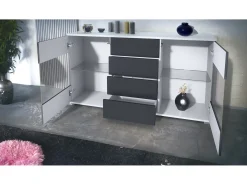 Aparador Bari V1 – Mueble con 2 Puertas Grandes y 4 Cajones, blanco mate/roble natural (138,5 x 75,5 x 35)