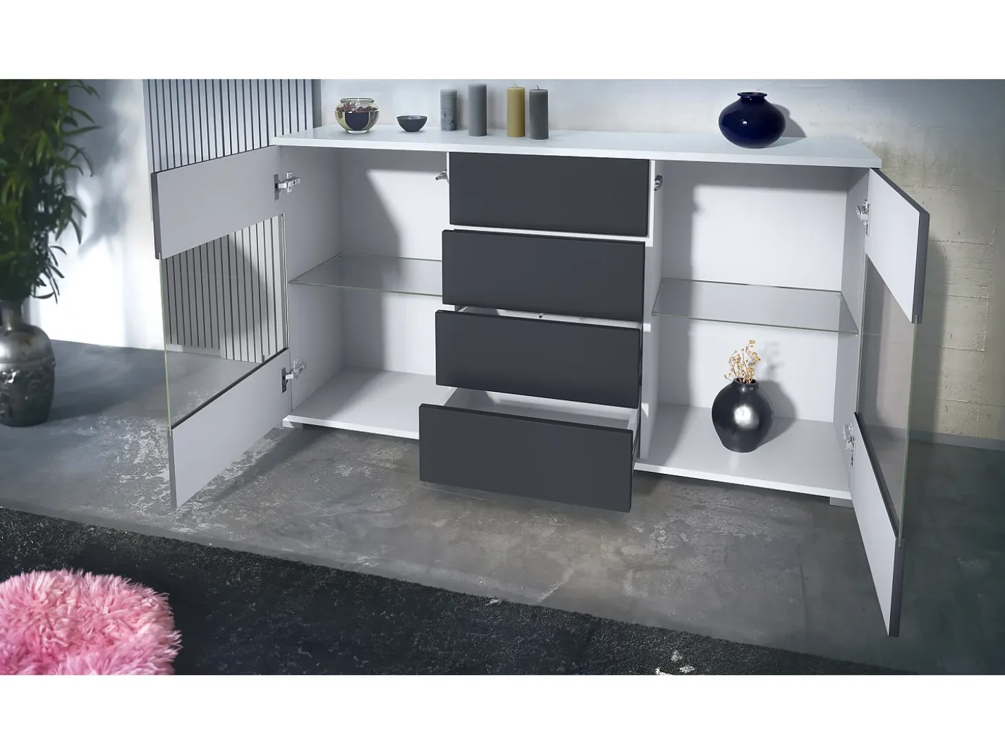 Aparador Bari V1 – Mueble con 2 Puertas Grandes y 4 Cajones, blanco mate/roble natural (138,5 x 75,5 x 35)