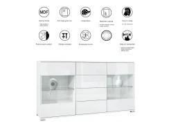 Aparador Bari V1 – Mueble con 2 Puertas Grandes y 4 Cajones, blanco mate/roble natural (138,5 x 75,5 x 35)