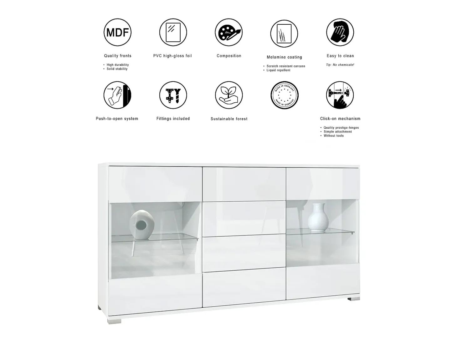 Aparador Bari V1 – Mueble con 2 Puertas Grandes y 4 Cajones, blanco mate/roble natural (138,5 x 75,5 x 35)