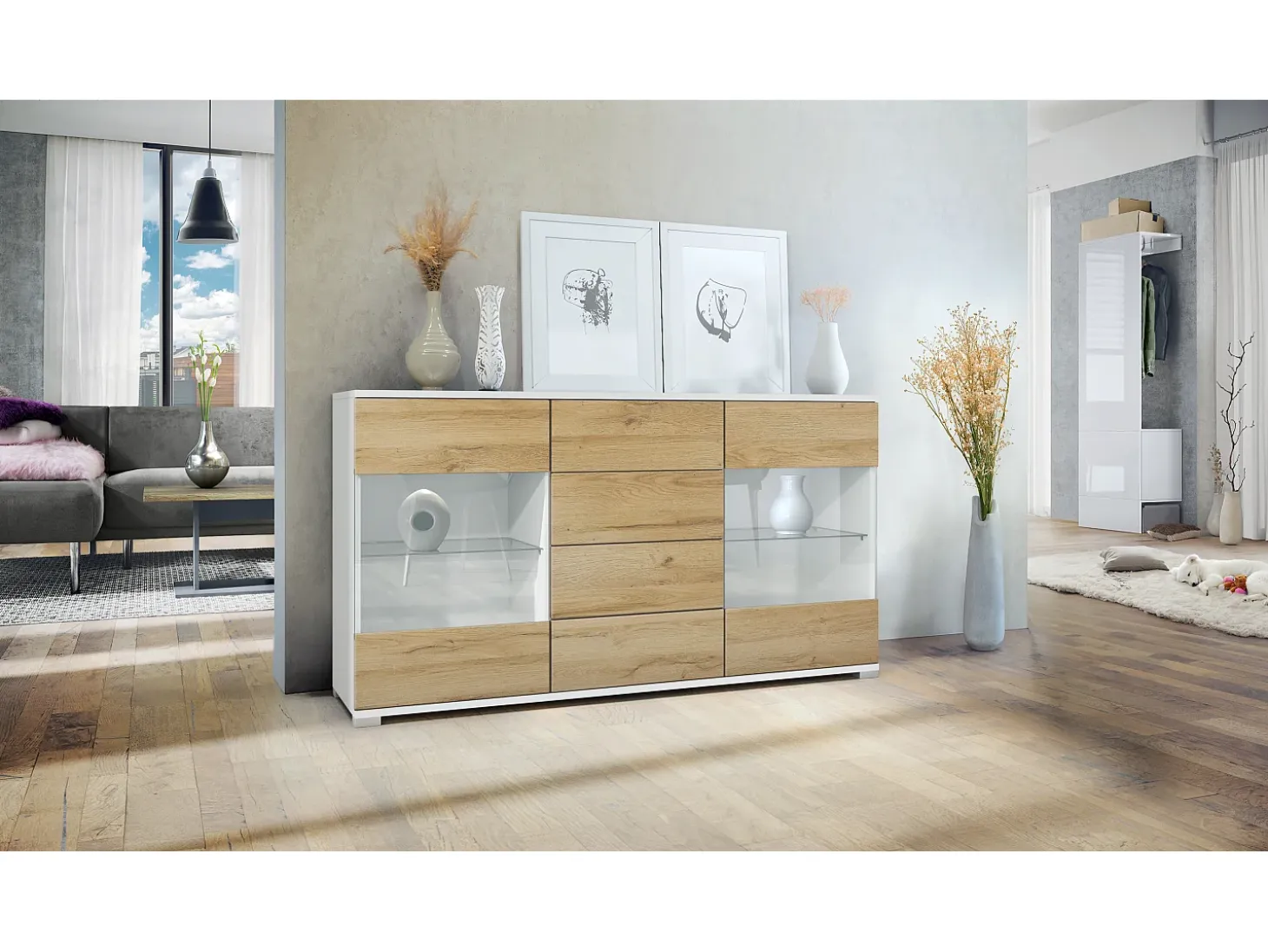 Aparador Bari V1 – Mueble con 2 Puertas Grandes y 4 Cajones, blanco mate/roble natural (138,5 x 75,5 x 35)