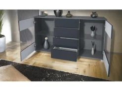 Aparador Bari V1 – Mueble con 2 Puertas Grandes y 4 Cajones, antracita mate/blanco de alto brillo (138,5 x 75,5 x 35)