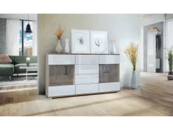 Aparador Bari V1 – Mueble con 2 Puertas Grandes y 4 Cajones, Roble Evoke/blanco de alto brillo (138,5 x 75,5 x 35)