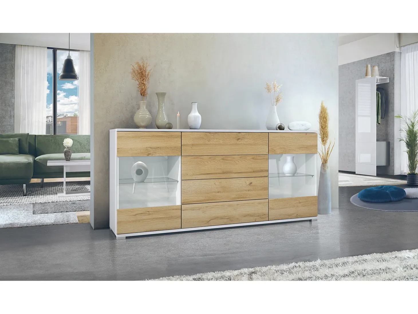 Aparador Bari V2 – Mueble con 2 Puertas Grandes y 4 Cajones, blanco mate/roble natural (166,5 x 75,5 x 35)
