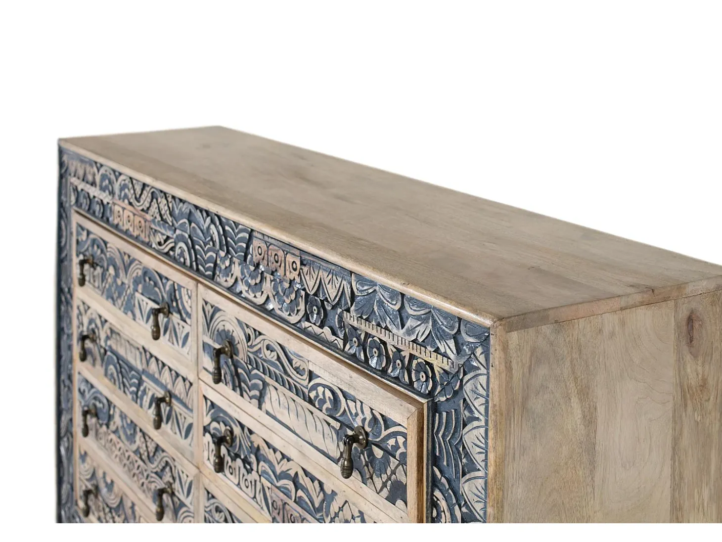 Aparador bicolor en madera de mango tallada, natural y azul envejecido