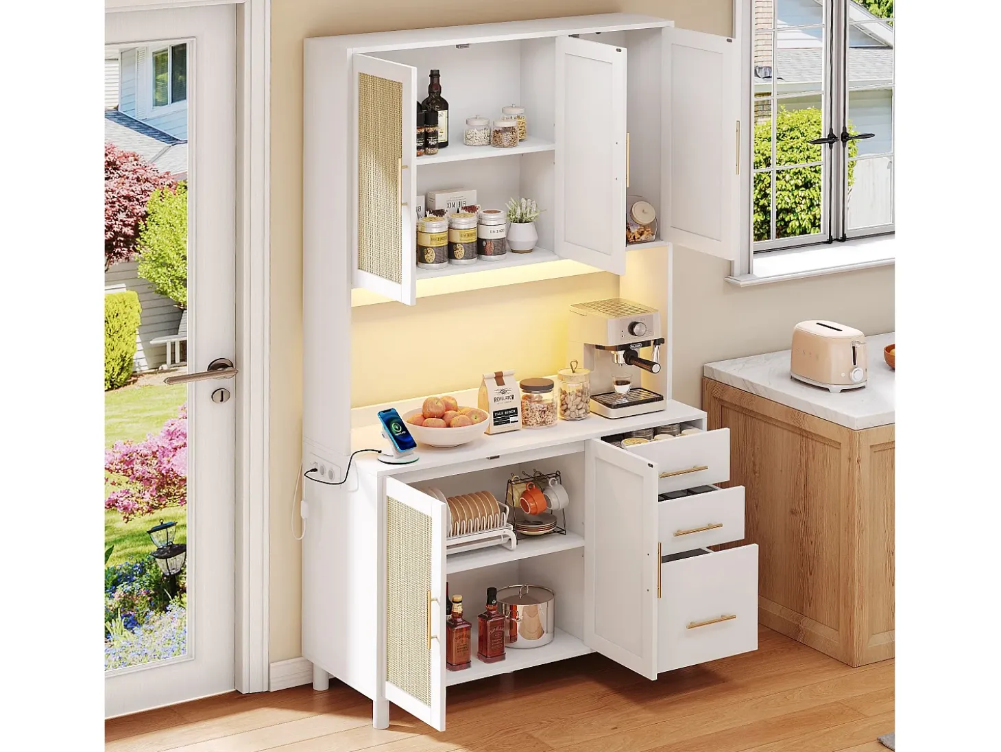 Aparador Blanco - Aparador con 3 Cajones y 5 Puertas - estantes ajustables y carga USB - para comedor