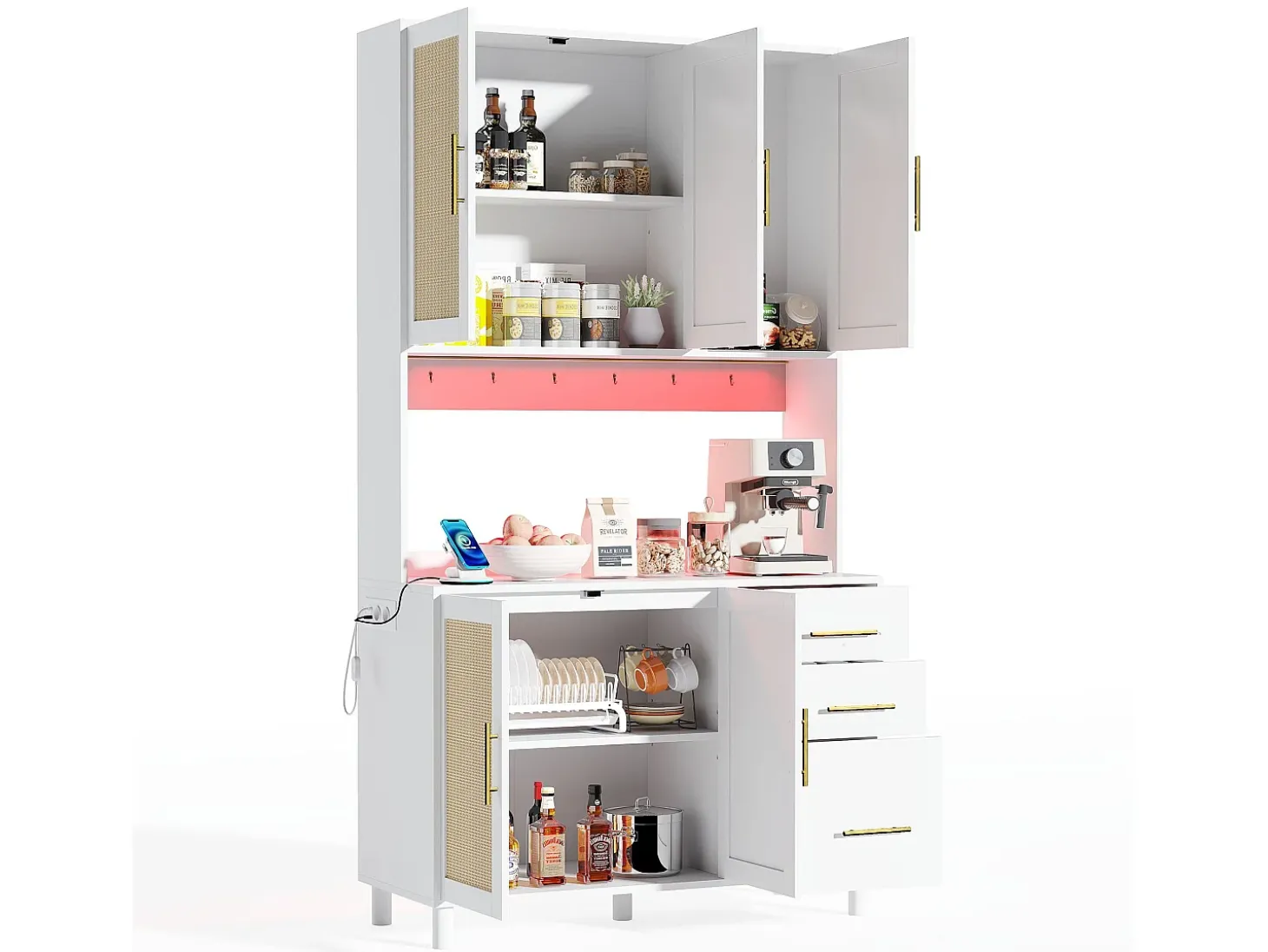 Aparador Blanco - Aparador con 3 Cajones y 5 Puertas - estantes ajustables y carga USB - para comedor
