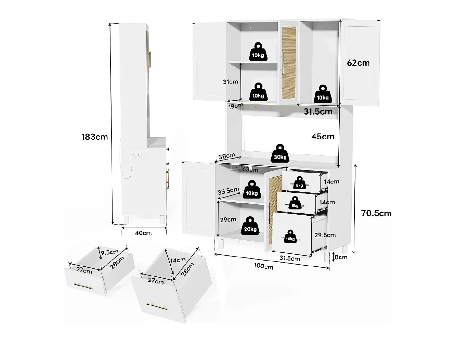 Aparador Blanco - Aparador con 3 Cajones y 5 Puertas - estantes ajustables y carga USB - para comedor