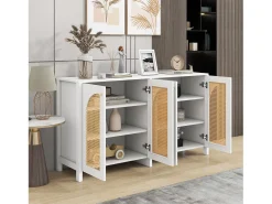 Aparador Blanco - Aparador con 4 puertas de ratán y tiradores de metal - para comedor y salón