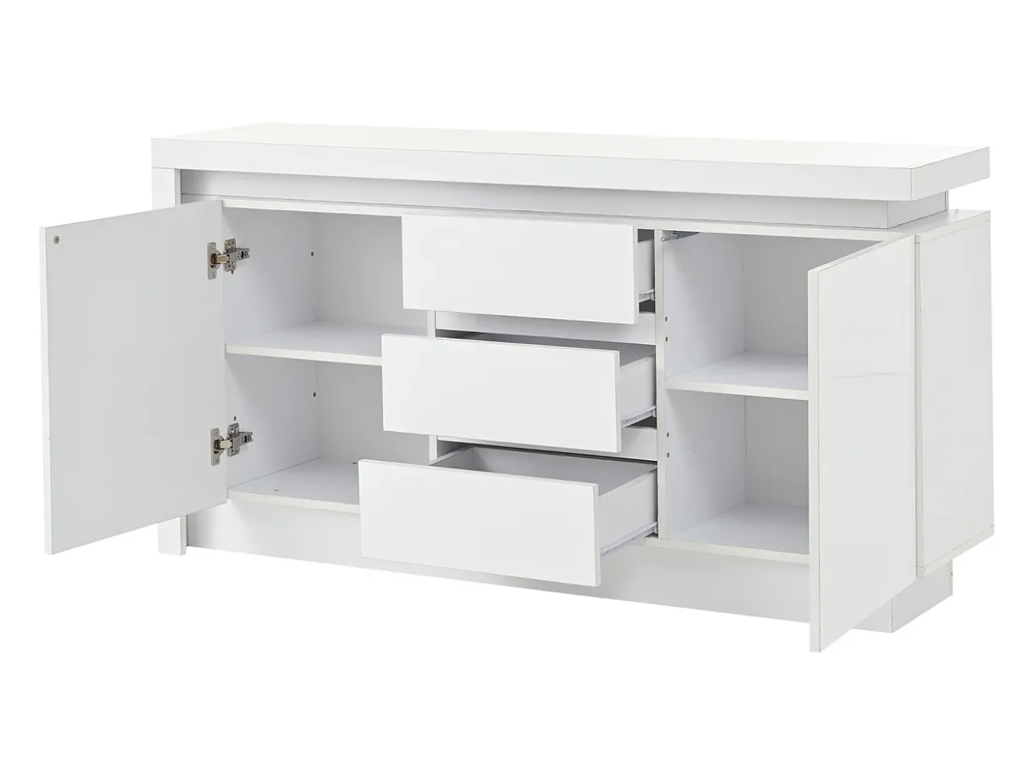 Aparador blanco brillante con 3 cajones - Aparador de 2 puertas con iluminación LED - estantes ajustables