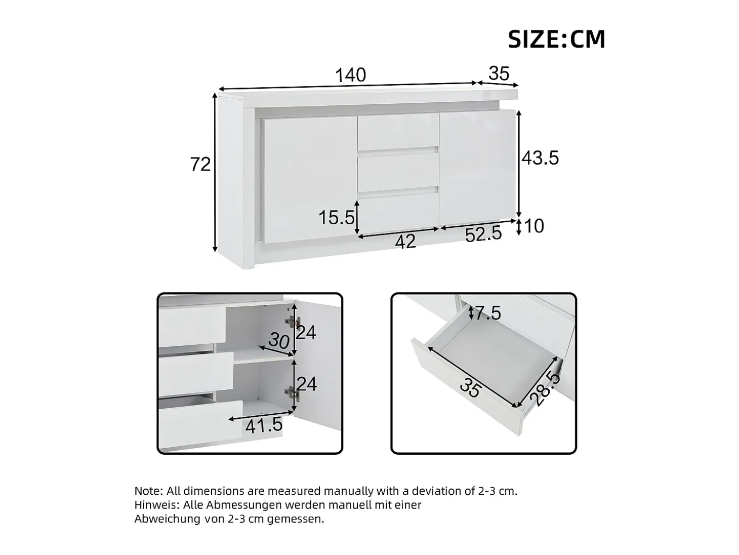 Aparador blanco brillante con 3 cajones - Aparador de 2 puertas con iluminación LED - estantes ajustables