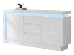 Aparador blanco brillante con 3 cajones - Aparador de 2 puertas con iluminación LED - estantes ajustables
