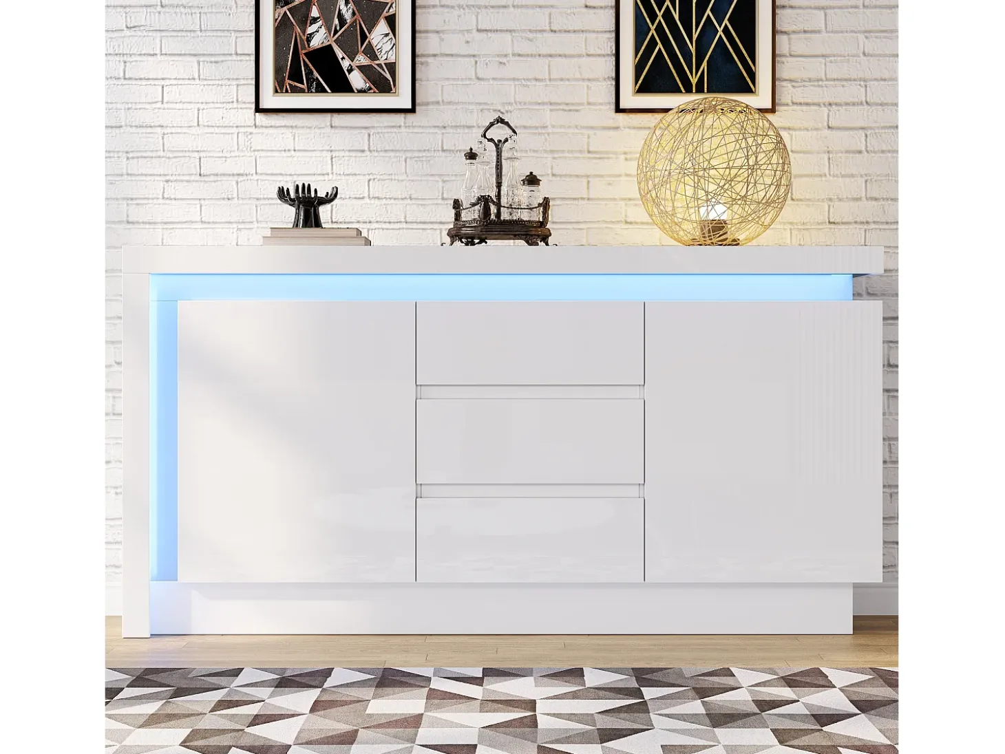 Aparador blanco brillante con 3 cajones - Aparador de 2 puertas con iluminación LED - estantes ajustables