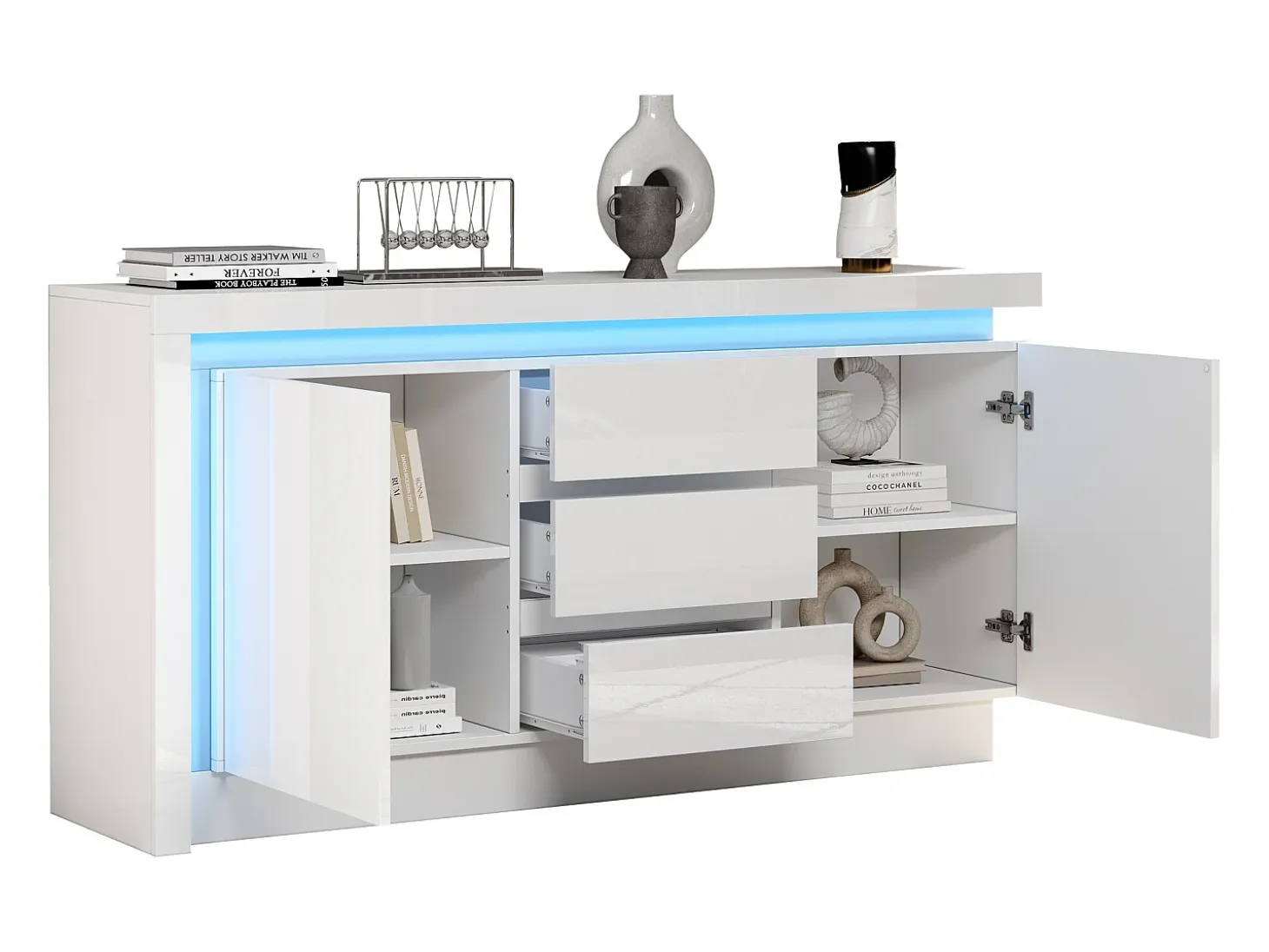 Aparador blanco brillante con 3 cajones - Aparador de 2 puertas con iluminación LED - estantes ajustables