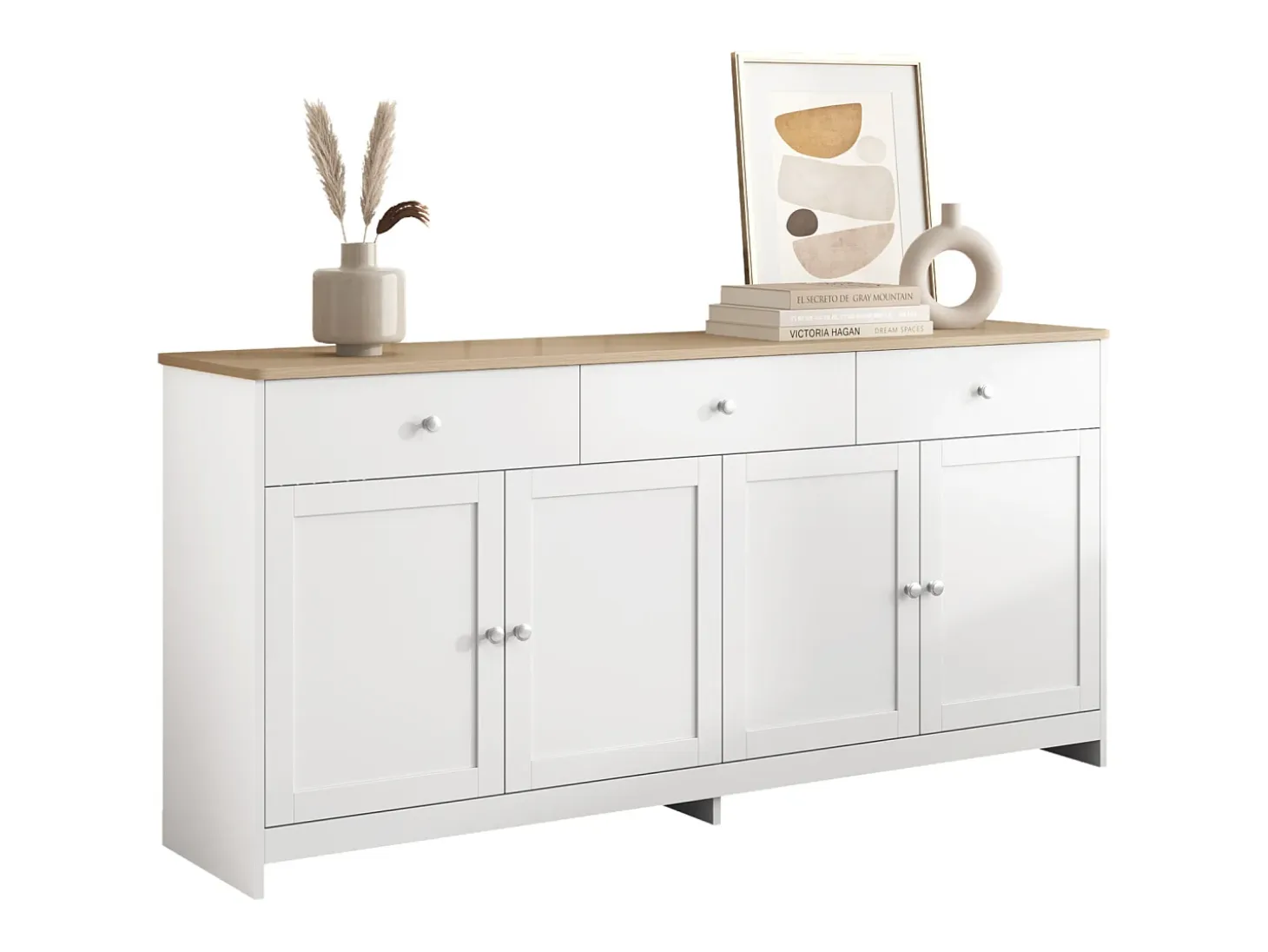 Aparador Blanco con 3 Cajones y 4 Puertas, 160 cm - Estilo Moderno con Estantes Ajustables - Ideal para Comedor, Cocina o Salón